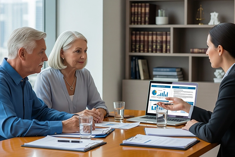 Older couple discussing insurance options with a financial advisor in an office.